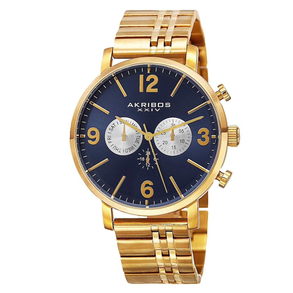 Akribos XXIV Men's Swiss Quartz Multifunction Dual Time Stainless Steel Gold-Tone Bracelet Watch
