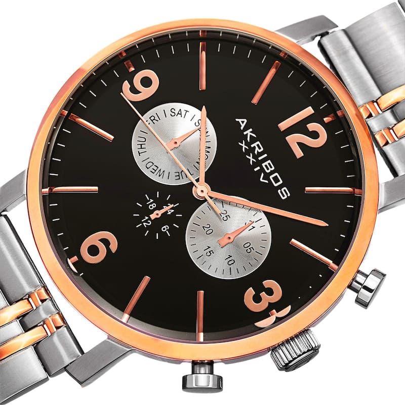 Akribos XXIV Men's Swiss Quartz Multifunction Dual Time Stainless Steel Two-Tone Bracelet Watch