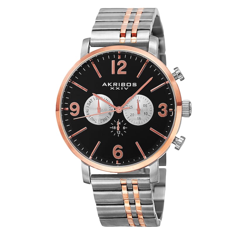 Akribos XXIV Men's Swiss Quartz Multifunction Dual Time Stainless Steel Two-Tone Bracelet Watch