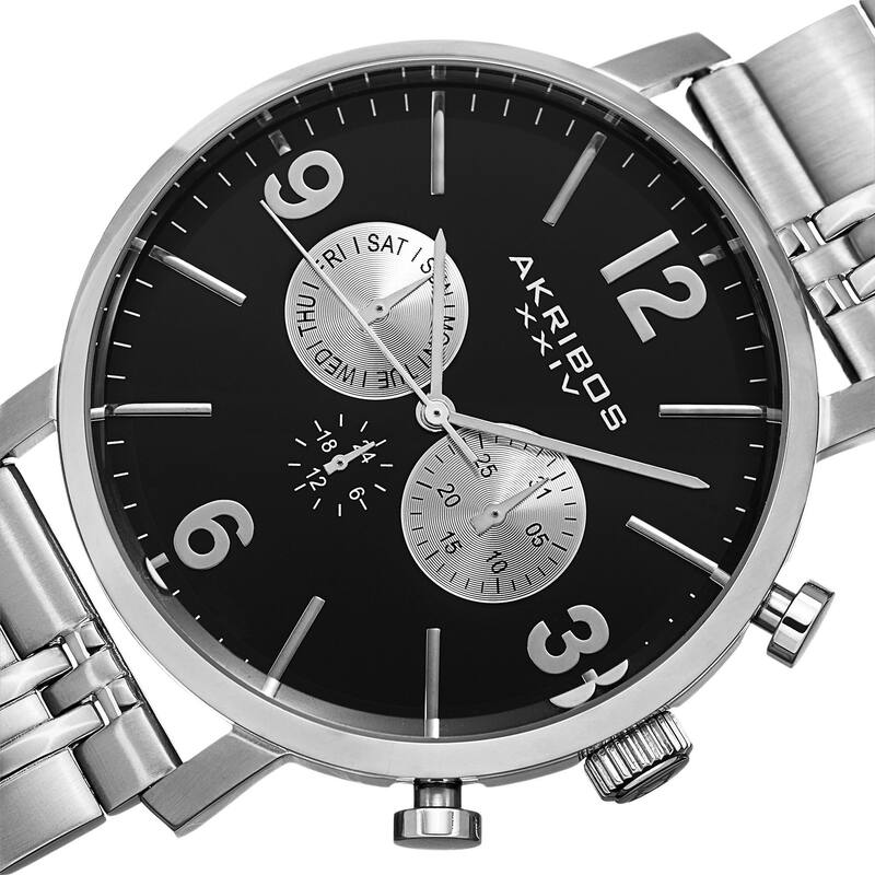 Akribos XXIV Men's Swiss Quartz Multifunction Dual Time Stainless Steel Silver-Tone Bracelet Watch