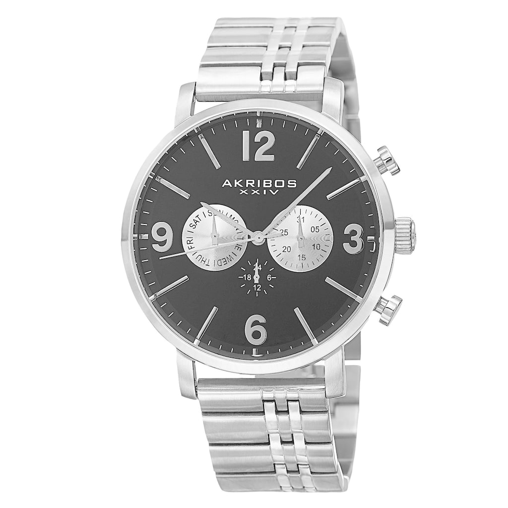Akribos XXIV Men's Swiss Quartz Multifunction Dual Time Stainless Steel Silver-Tone Bracelet Watch