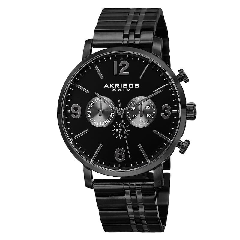 Akribos XXIV Men's Swiss Quartz Multifunction Dual Time Stainless Steel Black Bracelet Watch