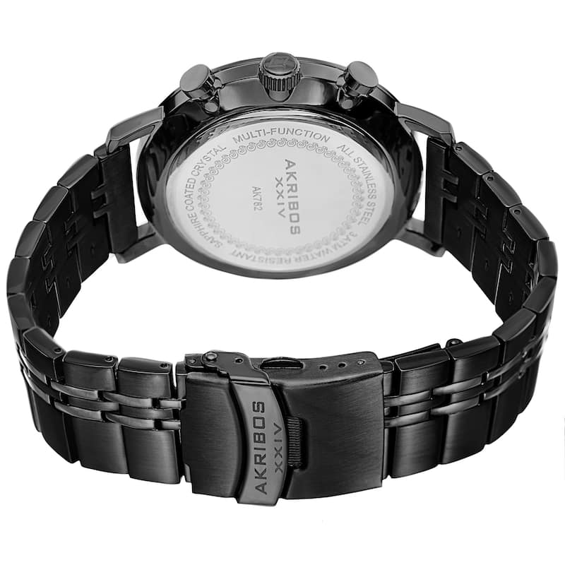Akribos XXIV Men's Swiss Quartz Multifunction Dual Time Stainless Steel Black Bracelet Watch