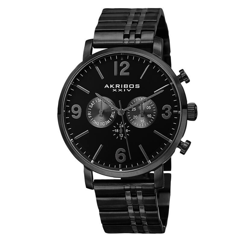 Akribos XXIV Men's Swiss Quartz Multifunction Dual Time Stainless Steel Black Bracelet Watch