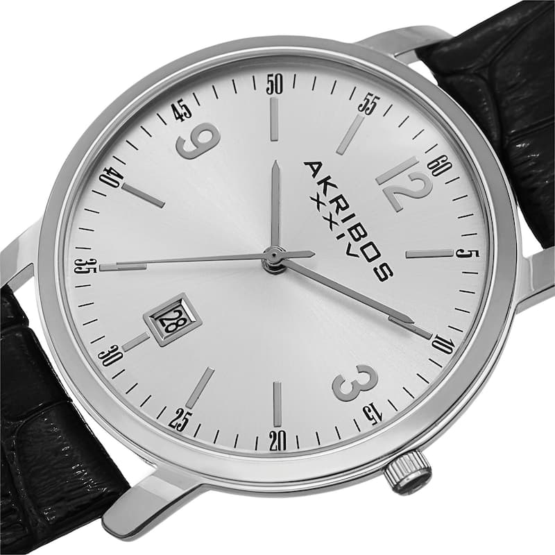Akribos XXIV Classic Men's Swiss Quartz Date Leather Silver-Tone Strap Watch