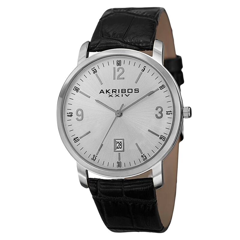 Akribos XXIV Classic Men's Swiss Quartz Date Leather Silver-Tone Strap Watch
