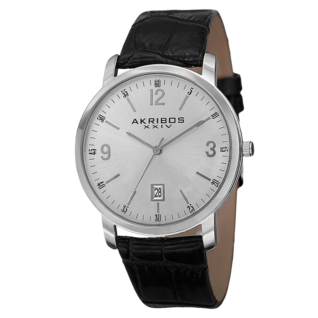 Akribos XXIV Classic Men's Swiss Quartz Date Leather Silver-Tone Strap Watch