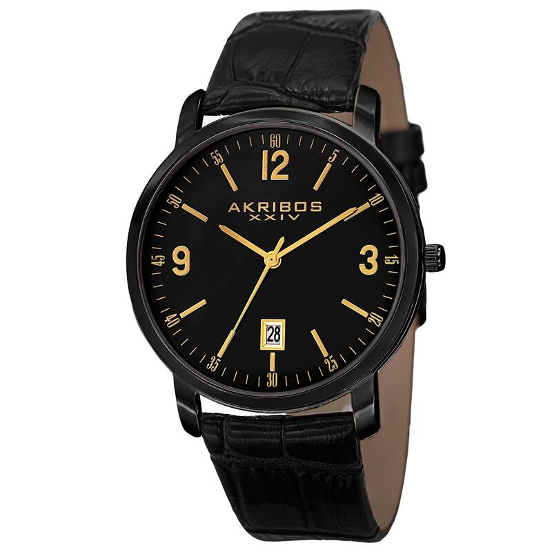 Akribos XXIV Classic Men's Swiss Quartz Date Leather Black Strap Watch