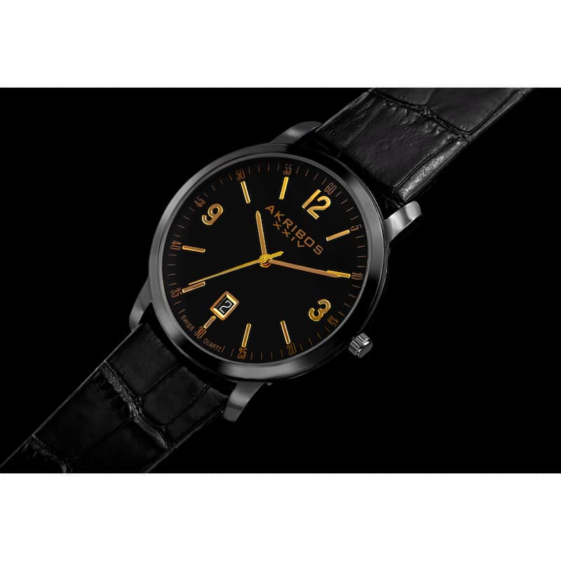 Akribos XXIV Classic Men's Swiss Quartz Date Leather Black Strap Watch