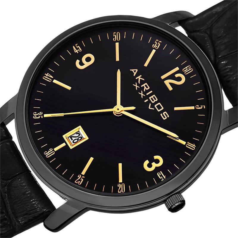 Akribos XXIV Classic Men's Swiss Quartz Date Leather Black Strap Watch