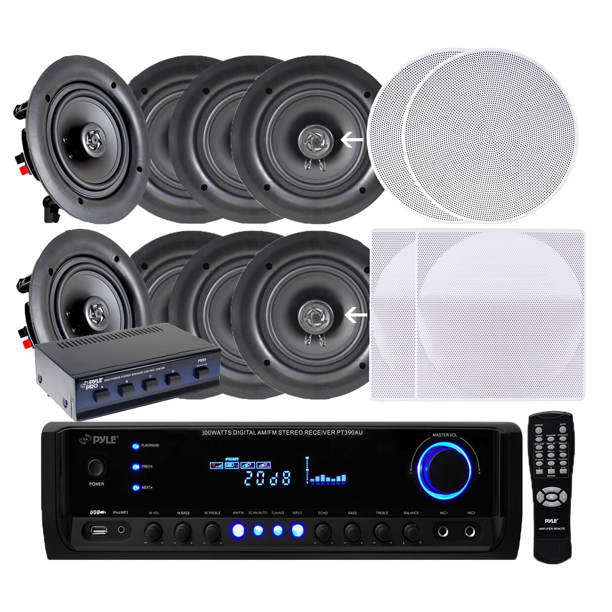 Pyle Kthsp690s Four Pairs Of 6 5 Inch 200w In Ceiling Speakers With 300w Amplified Receiver And 4 Ch