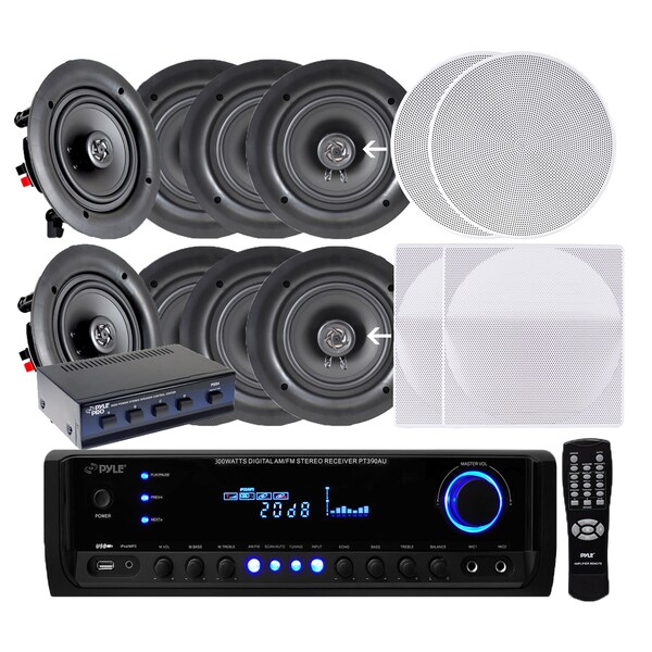 Pyle KTHSP690S Four Pairs of 6.5-inch 200W In-ceiling Speakers with 300W Amplified Receiver and 4-ch