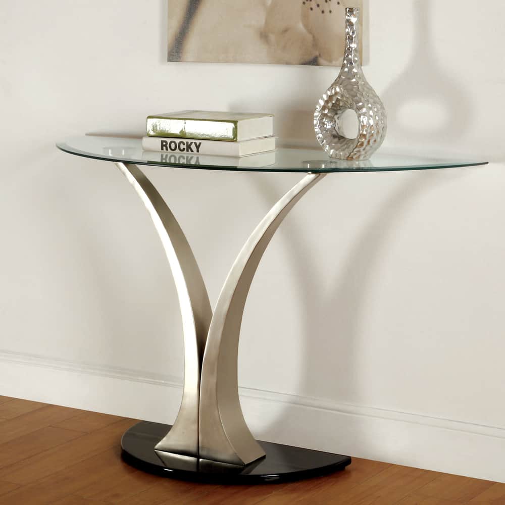 Wuct Modern Silver 46-inch Metal Half-moon Pedestal Sofa Table with Glass Top by Furniture of America
