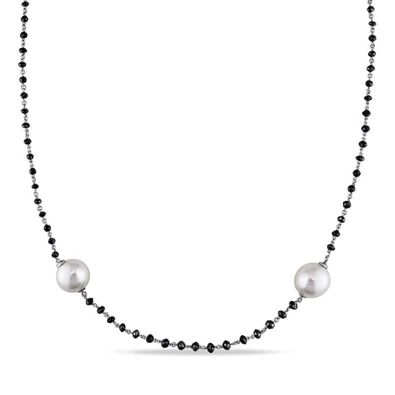 Miadora 14k White Gold South Sea Pearl 34 3/4ct TDW Black Diamond Necklace (11-12 mm) - Black/White