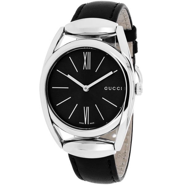 Gucci Womens YA139401 Horsebit Round Black Leather Strap Watch