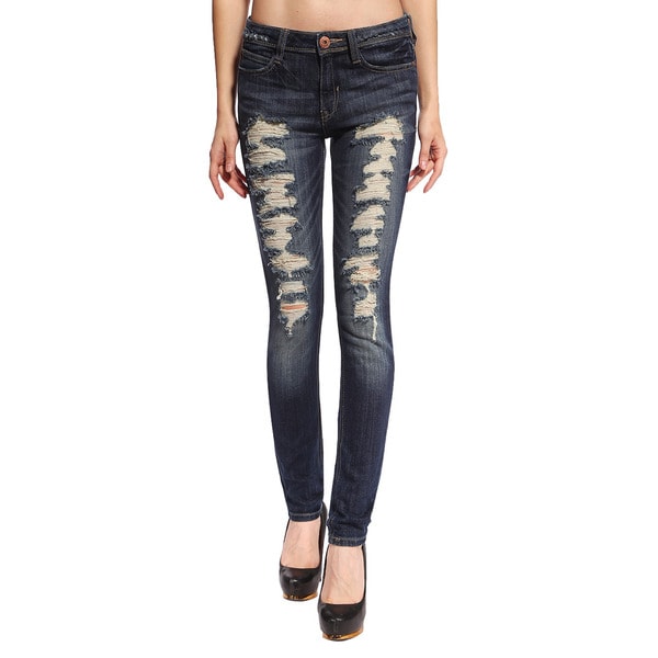 Anladia Women's Dark Blue Ripped and Distressed Skinny Jeans - Free ...