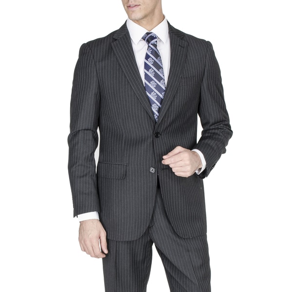 Men's Modern Fit Grey Pinstriped Wool and Silk Blend Suit - Free ...
