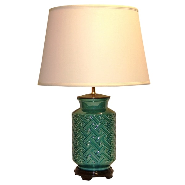 Crown Lighting 1-light Teal/ Dark Turquoise Distressed Crackle Embossed Geometric Design Ceramic Table Lamp