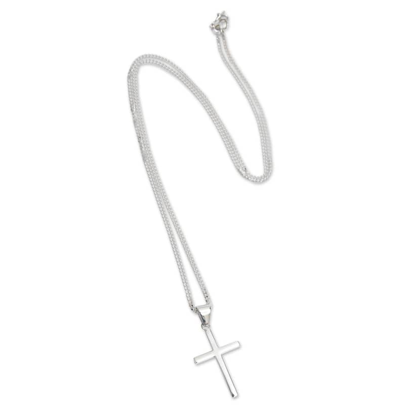 Handmade Sterling Silver Polished Cross Cuban Chain Link Necklace (Peru) - 7'6" x 9'6"