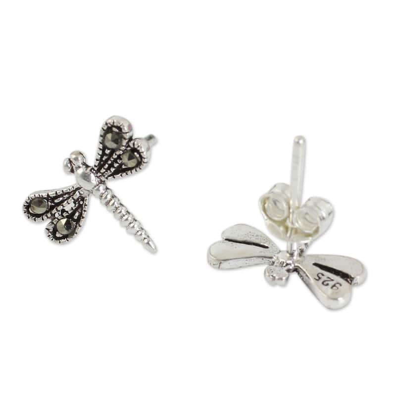 NOVICA Handmade Sterling Silver Petite Dragonflies Marcasite Earrings (Thailand)