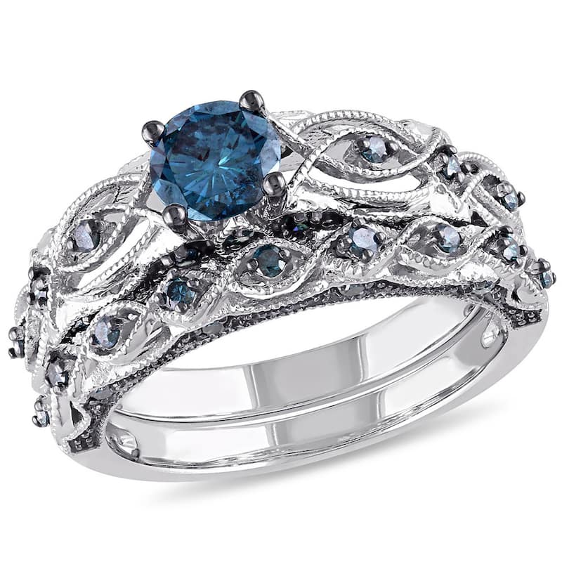Miadora 10k White Gold 1ct TDW Blue Diamond Infinity Bridal Ring Set