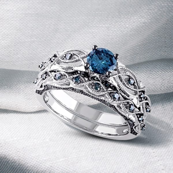 Miadora Signature Collection 10k White Gold 1ct TDW Blue Diamond Bridal Ring Set