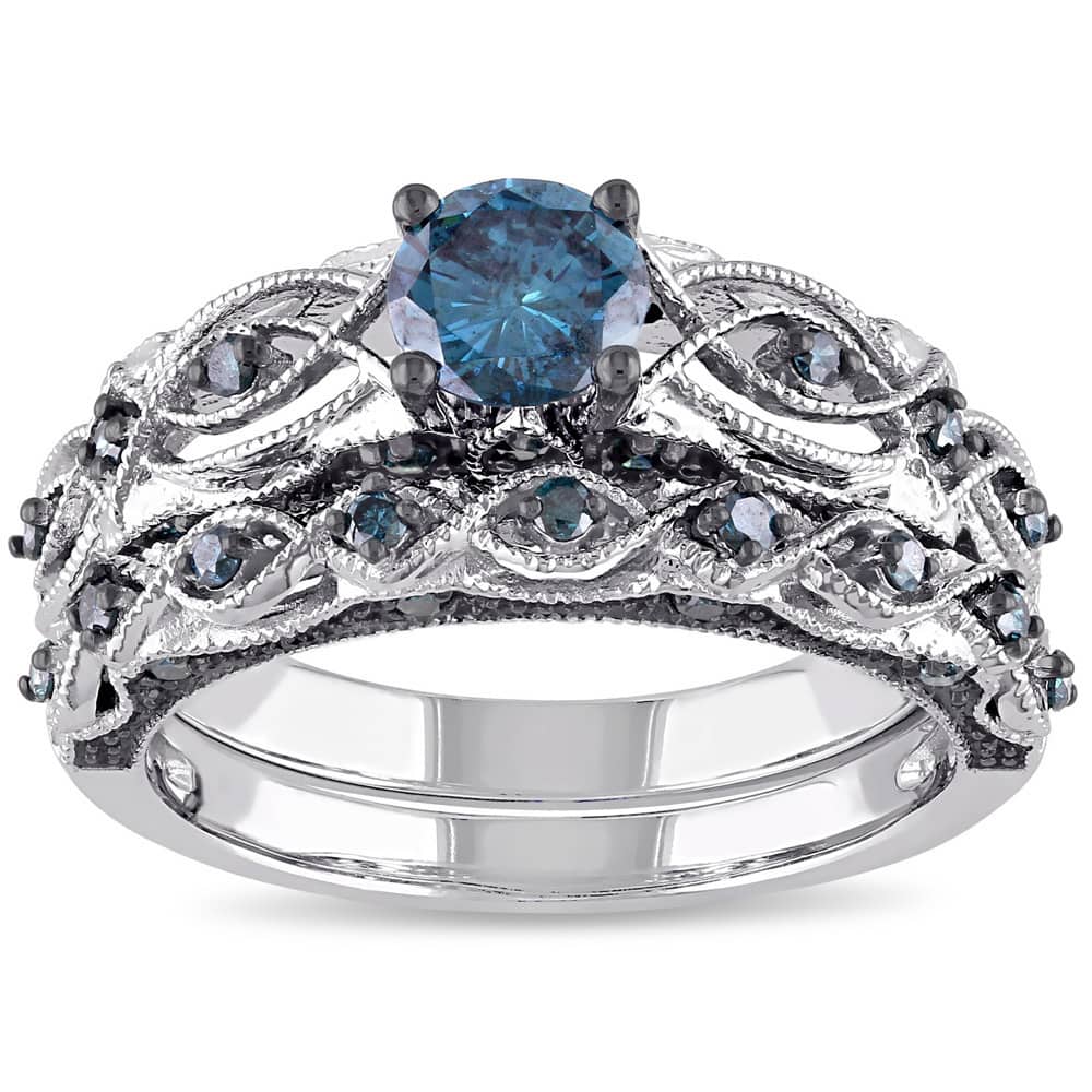 Miadora 10k White Gold 1ct TDW Blue Diamond Infinity Bridal Ring Set