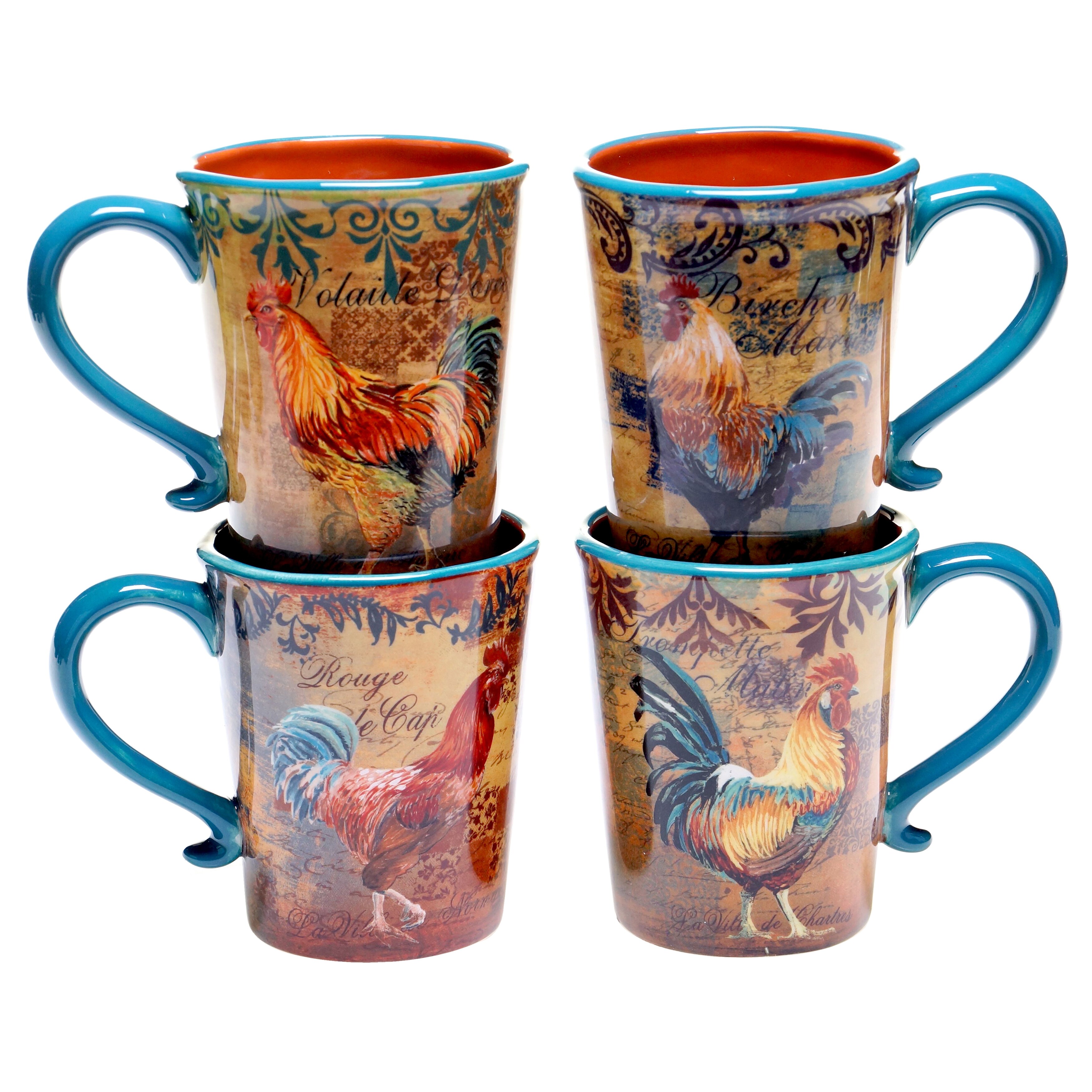 Rustic Rooster Coffee Mugs, Each 8 oz. Set of 4 Glazed Ceramic Mugs