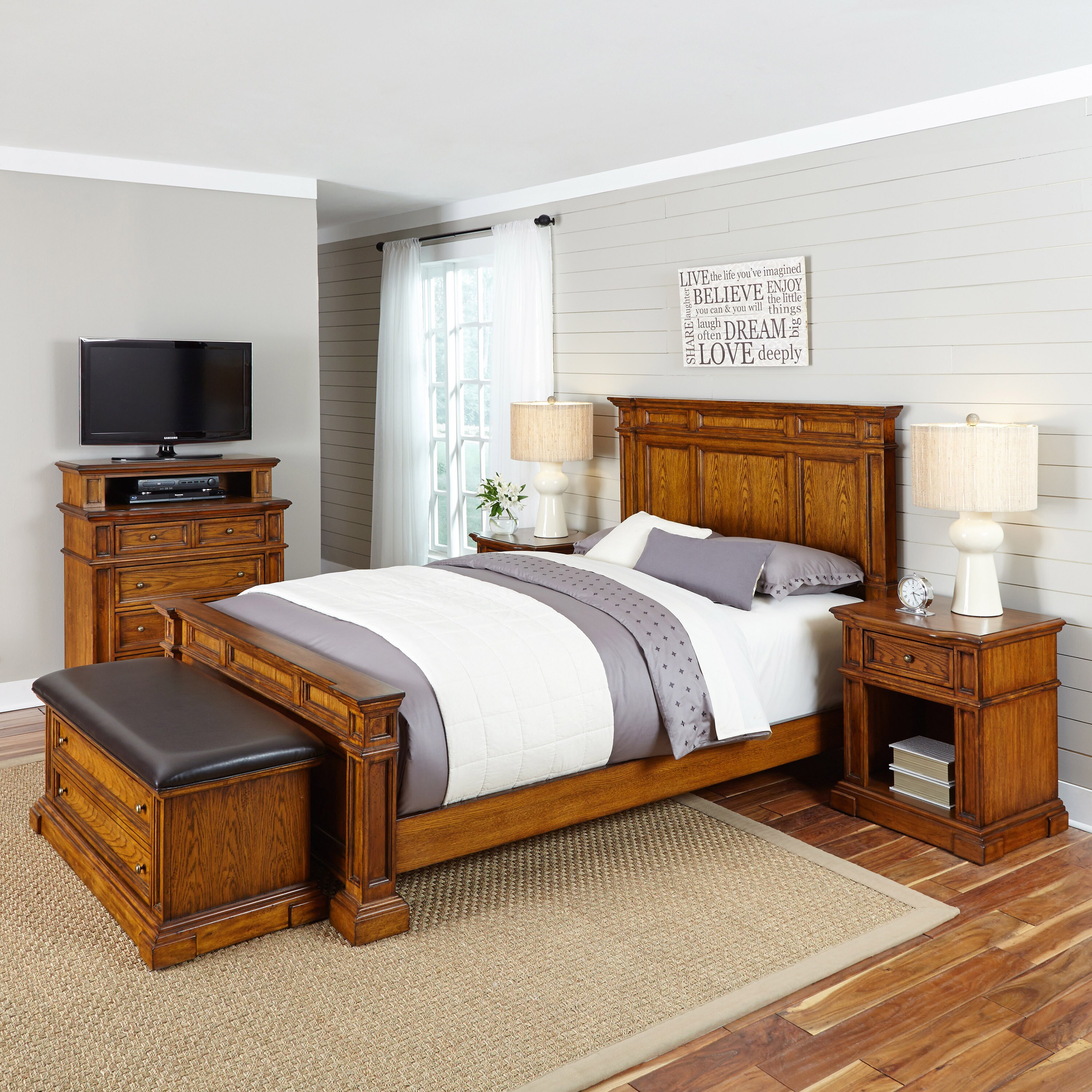 Shop Americana Distressed Oak Bed Two Night Stands Media Chest