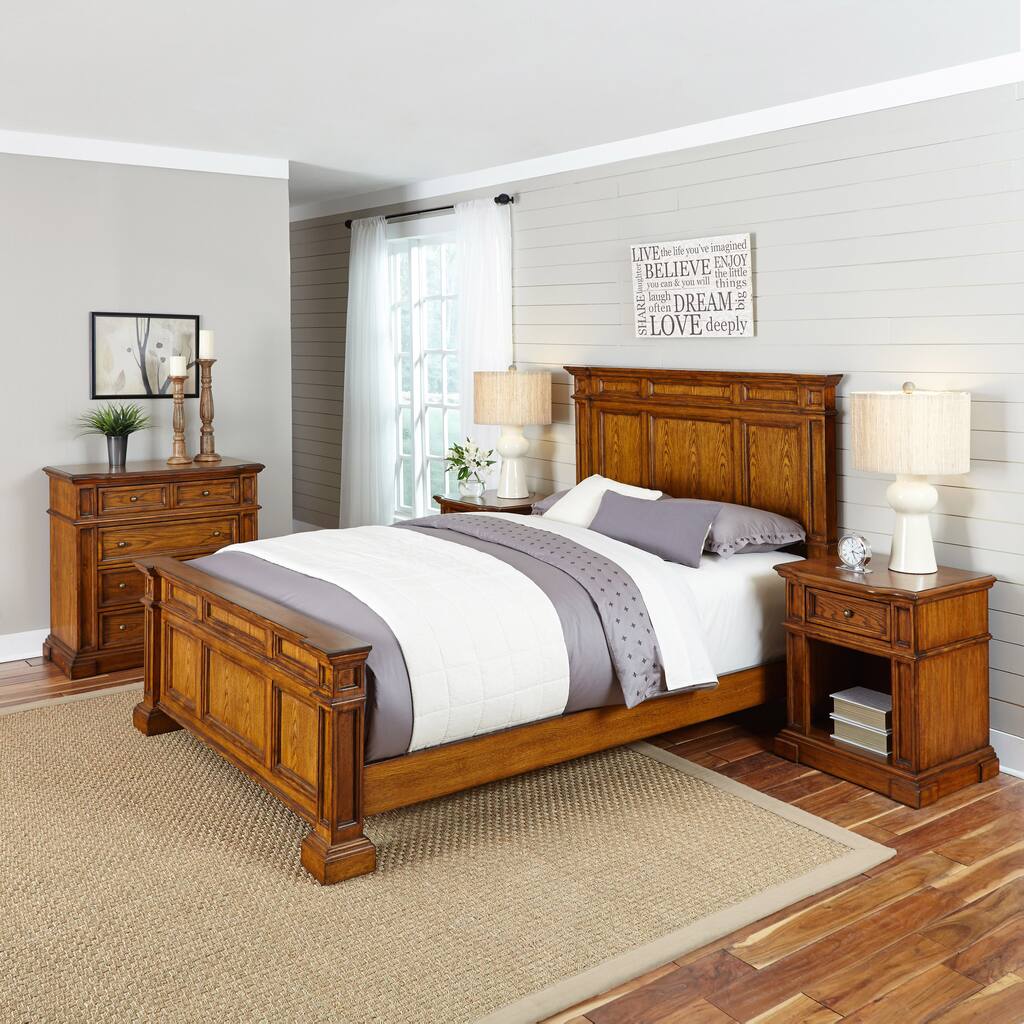 Americana Distressed Oak Bed, Two Night Stands, and Chest by Home Styles