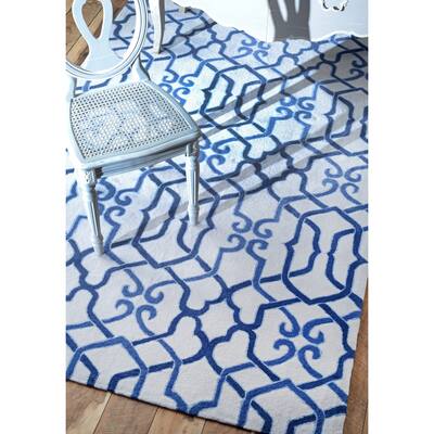 Brooklyn Rug Co Handmade Modern Geometric Grey/Blue Rug (5' x 8') - 5' x 8'