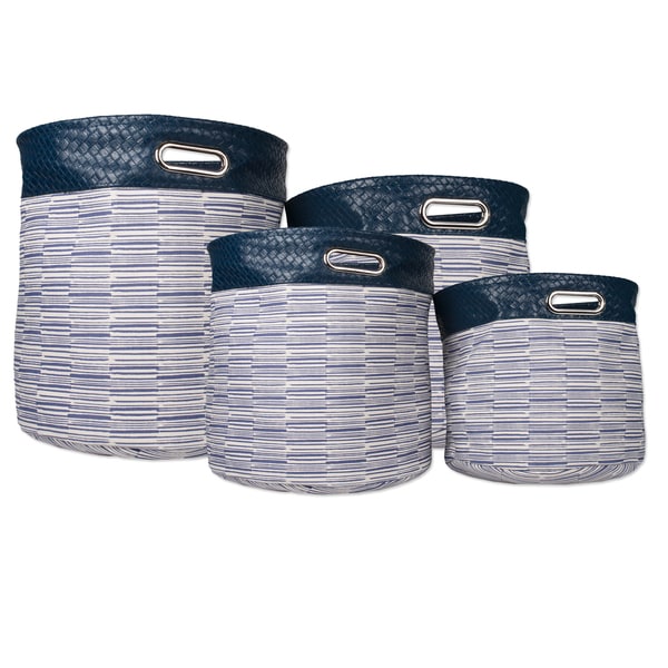 Faux Leather 4-piece Blue Striped Storage Bins