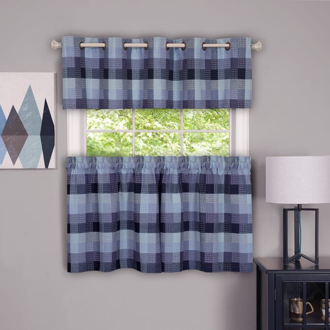Achim Harvard Checker Rod Pocket Curtain Tier Pair - 57x24 - Blue