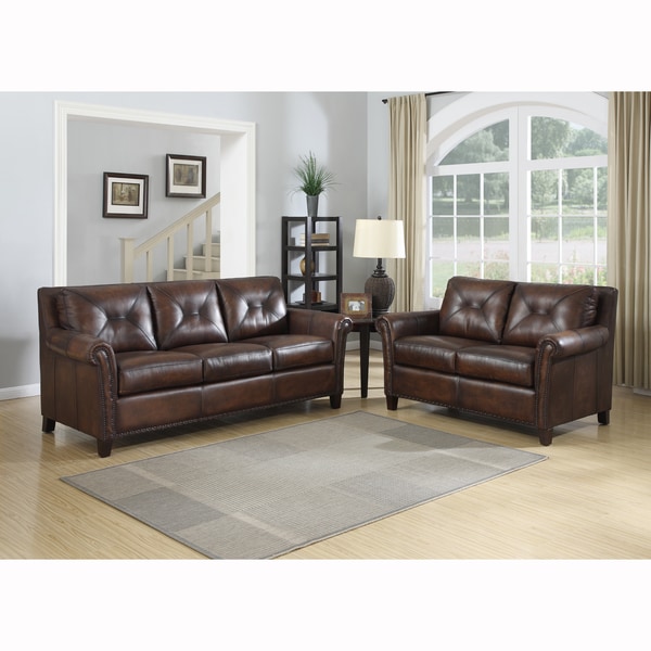 Shop Ashford Brown Top Grain Leather Sofa and Leather Loveseat Free Shipping Today Overstock