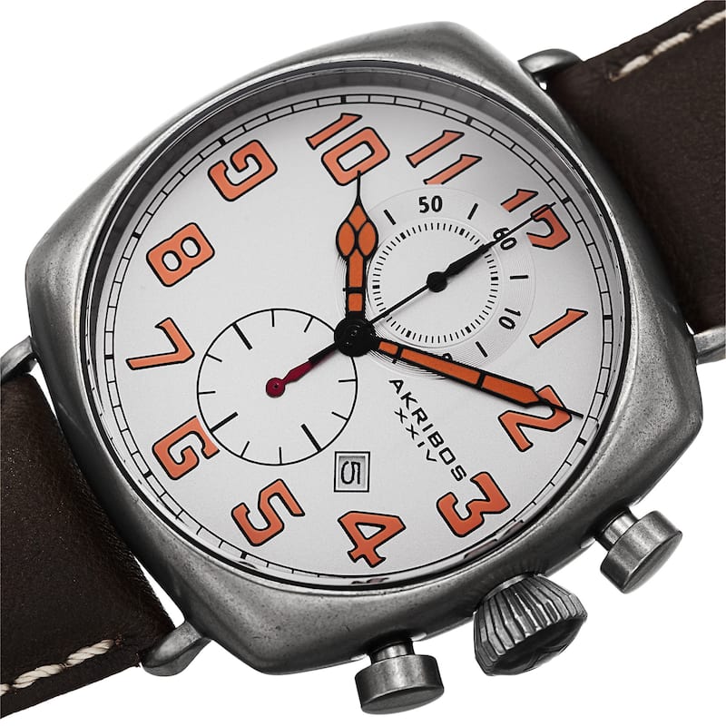 Akribos XXIV Men's Quartz Chronograph Date Display Leather White Strap Watch