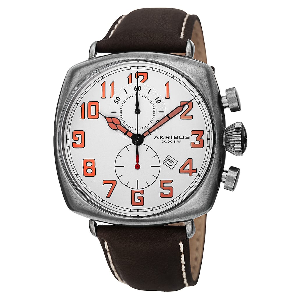 Akribos XXIV Men's Quartz Chronograph Date Display Leather White Strap Watch