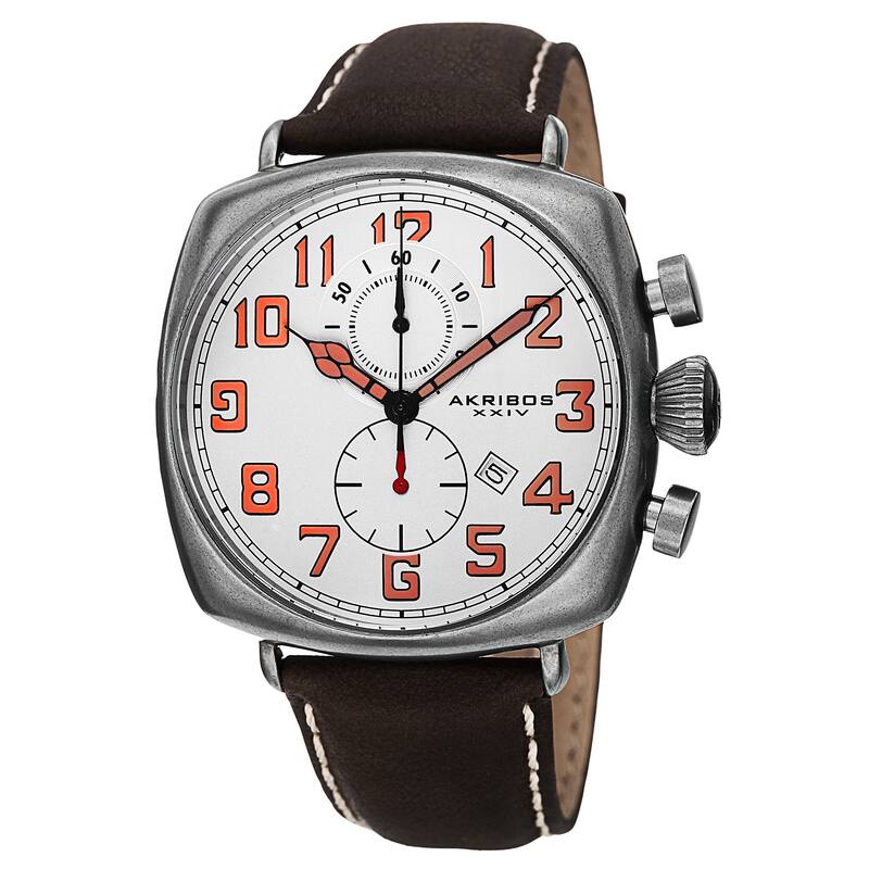 Akribos XXIV Men's Quartz Chronograph Date Display Leather White Strap Watch