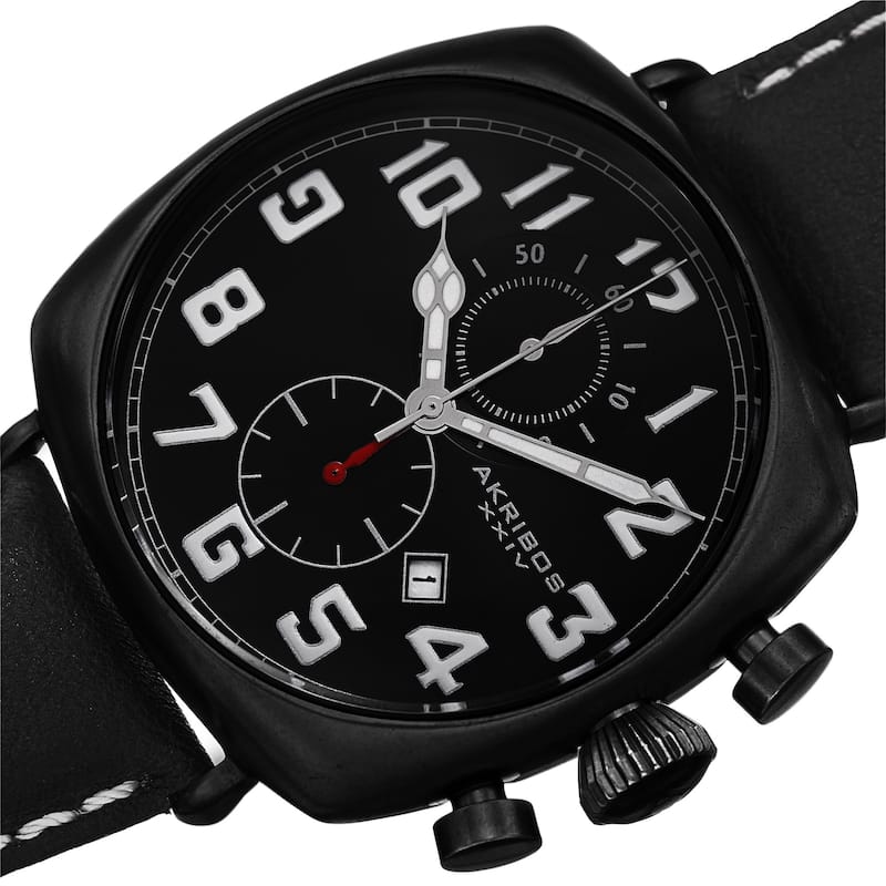 Akribos XXIV Men's Quartz Chronograph Date Display Leather Black Strap Watch