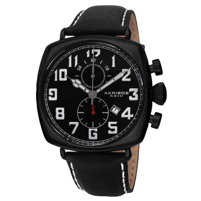 Akribos XXIV Men's Quartz Chronograph Date Display Leather Black Strap Watch
