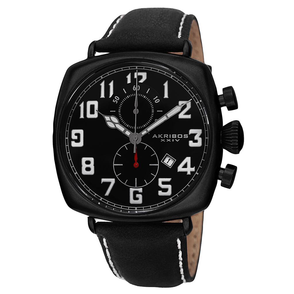 Akribos XXIV Men's Quartz Chronograph Date Display Leather Black Strap Watch