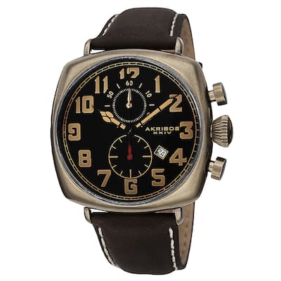 Akribos XXIV Men's Quartz Chronograph Date Display Leather Gold-Tone Strap Watch