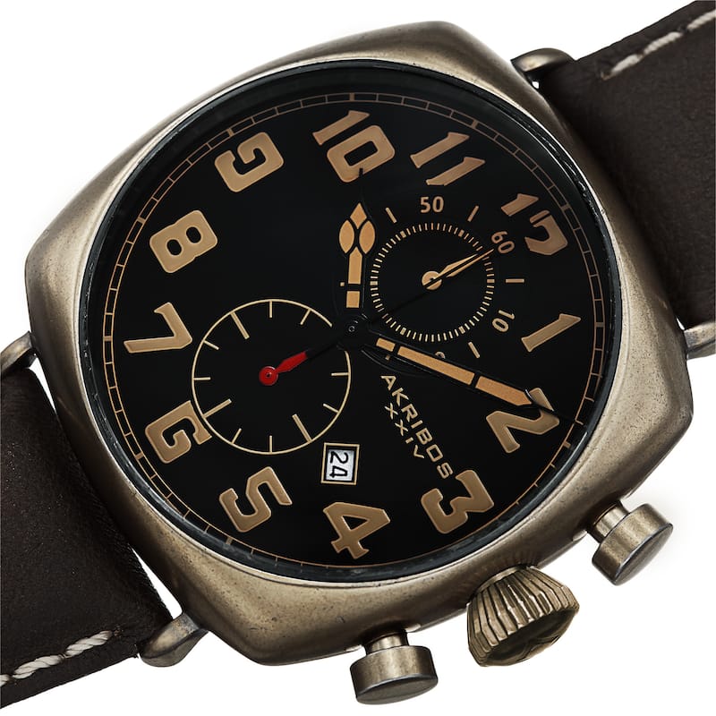 Akribos XXIV Men's Quartz Chronograph Date Display Leather Gold-Tone Strap Watch