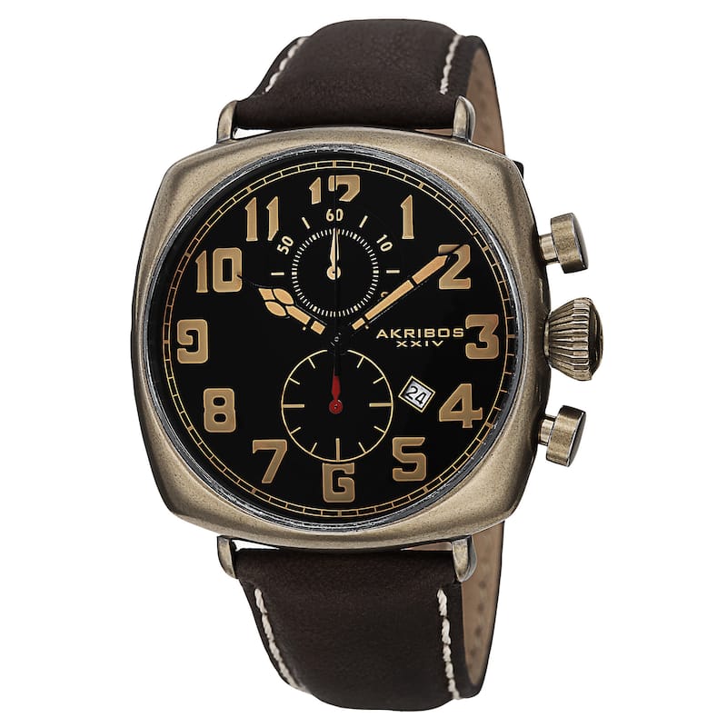 Akribos XXIV Men's Quartz Chronograph Date Display Leather Gold-Tone Strap Watch