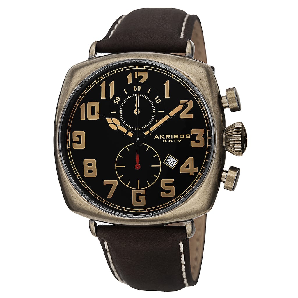 Akribos XXIV Men's Quartz Chronograph Date Display Leather Gold-Tone Strap Watch
