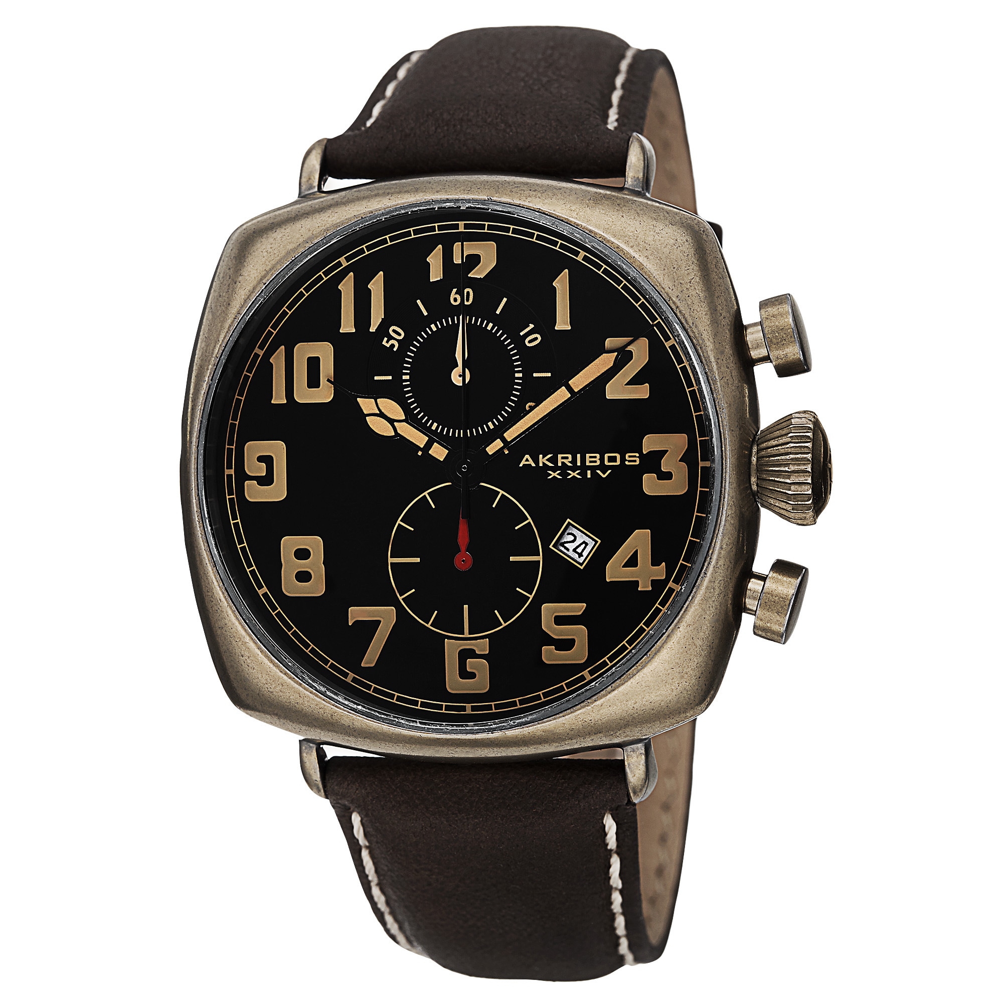 Akribos XXIV Men's Quartz Chronograph Date Display Leather Gold-Tone Strap Watch