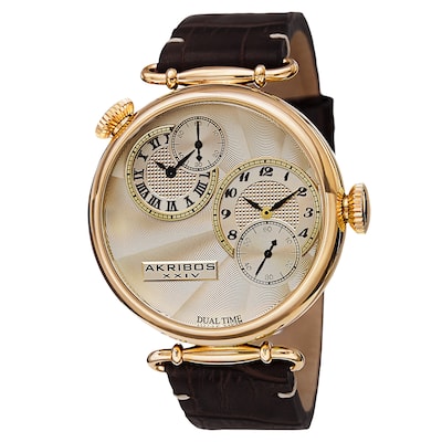 Akribos XXIV Men's Quartz Dual Time Leather Gold-Tone Strap Watch