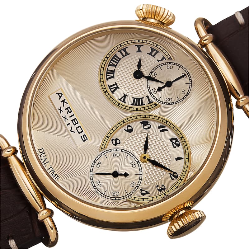 Akribos XXIV Men's Quartz Dual Time Leather Gold-Tone Strap Watch