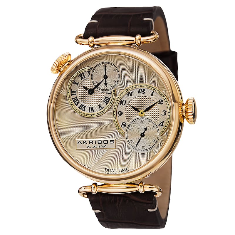 Akribos XXIV Men's Quartz Dual Time Leather Gold-Tone Strap Watch