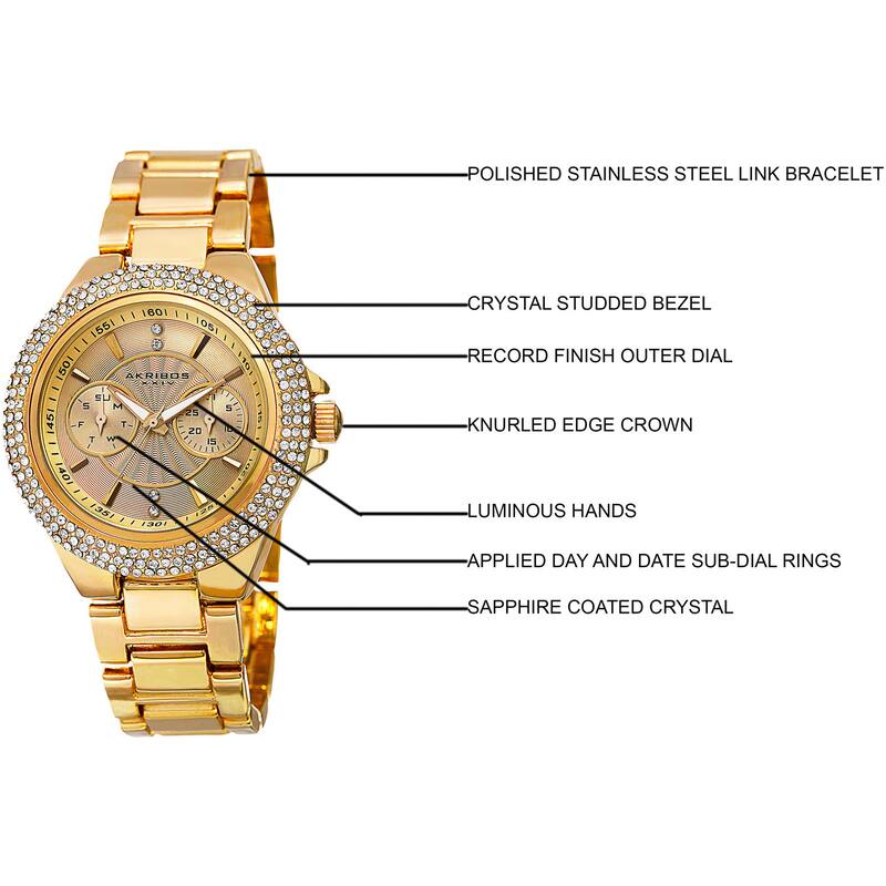 Akribos XXIV Women's Dazzling Swiss Quartz Multifunction Crystal Bezel Gold-Tone Bracelet Watch