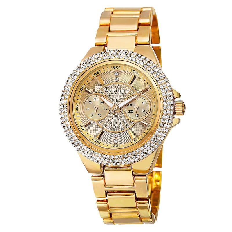 Akribos XXIV Women's Dazzling Swiss Quartz Multifunction Crystal Bezel Gold-Tone Bracelet Watch